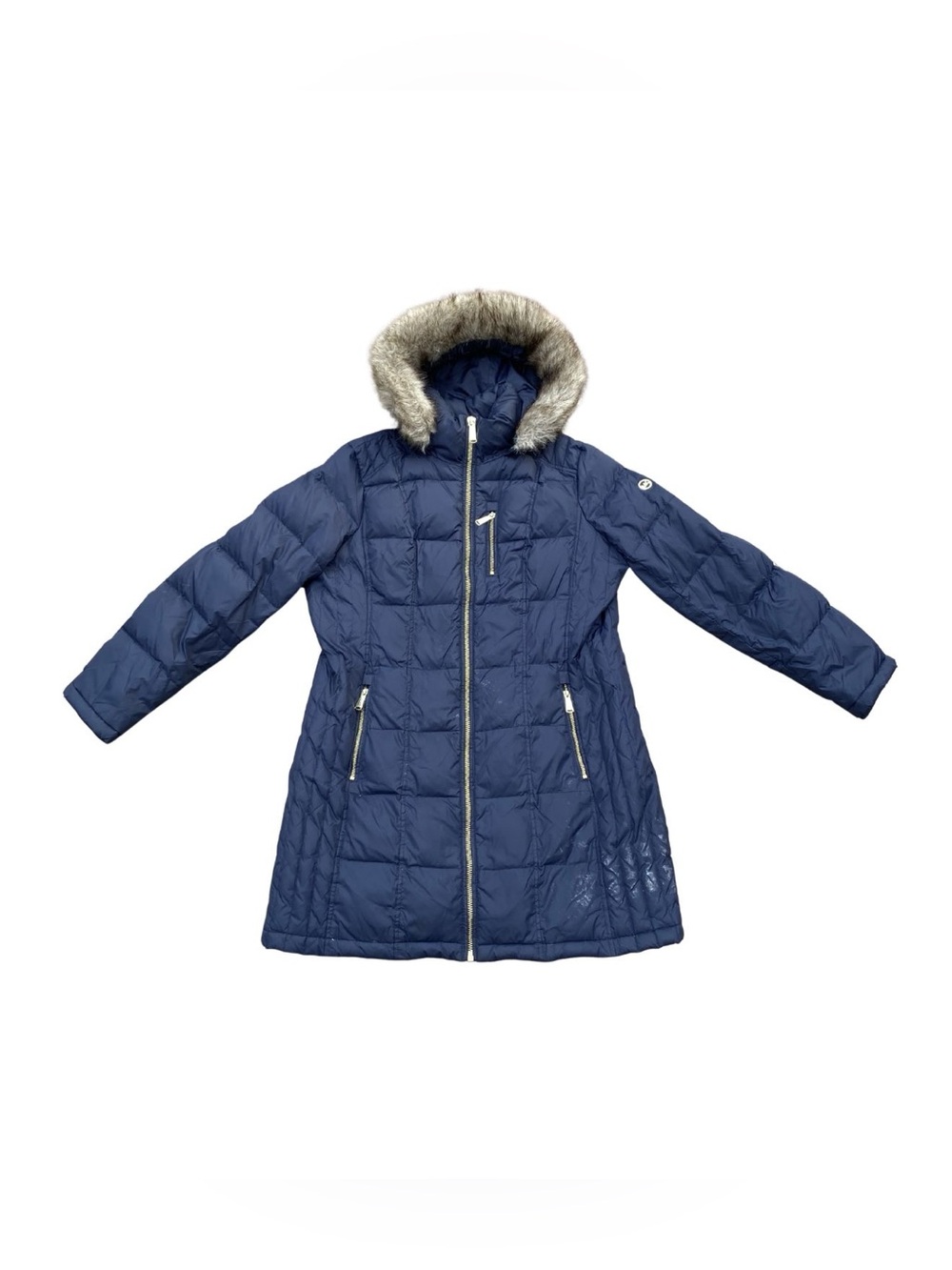 Michael Kors Dark Blue Navy Puffer Coat Jacket Faux Fur Hood Large Puffy Quilted